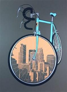 a blue bicycle with city buildings in the background