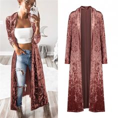 Long Kimono Cardigan, Gilet Kimono, Trench Coats Women Long, Velvet Duster, Cardigan Rosa, Mode Mantel, Velvet Cardigan, Velvet Kimono, Gilet Long