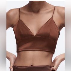 Color- Brown Size- S Brand New Without Tags Never Worn Elegant Brown Crop Top For Spring, Elegant Brown Crop Top For Summer, Zara Brown Top For Night Out, Brown Zara Top For Party, Zara Brown Top For Day Out, Elegant V-neck Crop Top By Zara, Zara Cropped Brown Top, Elegant Zara V-neck Crop Top, Brown Cami Tank Top With Built-in Bra