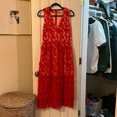 Red Eyelet Overlay Dress. Worn Twice. Overlay Dress, Red Dress, Colorful Dresses, Midi Dress, Size 4, Womens Dresses, Fast Delivery, Full Service, Red