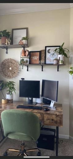 a desk with two computer monitors on top of it and some plants in the corner