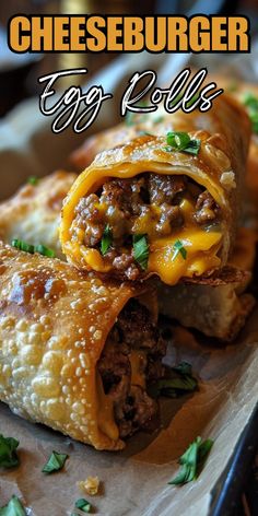 a close up of food on a tray with the words cheeseburger egg rolls