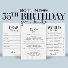 three birthday games with the words, born in 1989