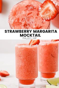 strawberry margarita mocko cocktail in two glasses with limes and strawberries on the side