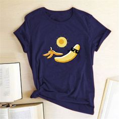 Sunbathing Banana Printed Funny T-shirts Women Summer Tshirt Woman Funny Cute Tops Graphic Teefor Ladies Ropa Mujer Verano Cotton Cartoon Print Top For Beach, Cotton T-shirt With Cartoon Print For Vacation, Summer Cartoon Print Graphic Tee Shirt, Summer Graphic Tee Shirt With Cartoon Print, Fun Cartoon Print Tops For Vacation, Casual Cartoon Print Tops For Vacation, Summer Crew Neck Tops With Cartoon Print, Vacation Crew Neck T-shirt With Cartoon Print, Summer Beach T-shirt With Cartoon Print