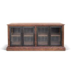 a wooden cabinet with glass doors on the front and bottom shelves, against a white background