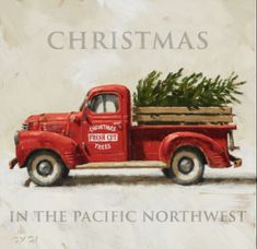 an old red truck with a christmas tree in the bed is shown on a white background