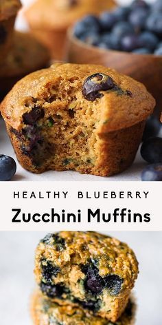 healthy blueberry zucchini muffins with chocolate chips on top and in the middle