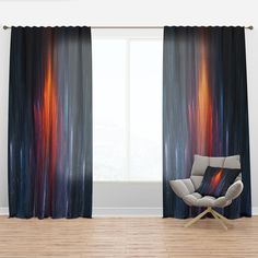 a chair sitting in front of a window next to a pair of curtains with colorful streaks on them