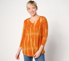 Banish those tired tees to the back of your closet. This ribbed top elevates your casual look with a fabulously fun tie dye print. From LOGO by Lori Goldstein®. Trendy Stretch Tie Dye Tops, Acid Wash Stretch Tops For Spring, Summer Acid Wash V-neck Top, Fall Tie Dye Soft-washed Tops, Trendy Tie Dye Loungewear Top, Trendy Tie Dye Top For Loungewear, Tie-dye Top For Loungewear In Fall, Tie Dye Top For Loungewear In Fall, Fall Tie Dye Top For Loungewear