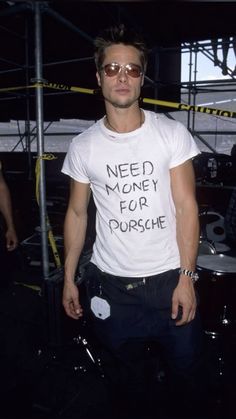 a young man wearing sunglasses and a t - shirt that says need money for porsche