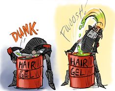 two trash cans that have hair gel on them