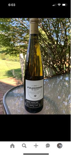 a bottle of wine sitting on top of a glass table next to a tree in the background