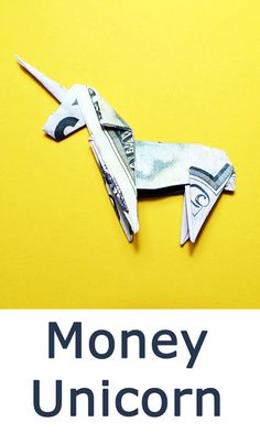 an origami horse made out of money on a yellow background with the words money unicorn