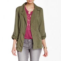 Lucky Brand Spring Utility Jacket. New Without Tags Size Medium Features Spread Collar, Elasticized Waist, Snap Front Closure, Front Flap Snap Pockets, And Convertible Sleeves With Button Tab. Fabric Is Lightweight And Would Be Perfect For Spring Or Fall. 100% Tencel Casual Spring Outerwear For Layering, Casual Green Outerwear For Layering, Casual Green Layering Outerwear, Versatile Fall Utility Jacket, Casual Khaki Outerwear With Roll-up Sleeves, Fall Utility Outerwear With Roll-up Sleeves, Spring Utility Blazer In Relaxed Fit, Spring Utility Blazer With Relaxed Fit, Casual Green Utility Jacket For Spring