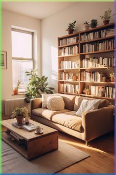 a living room filled with furniture and bookshelves