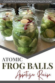 four mason jars filled with pickles on top of a wooden table next to the words, atomic frog balls appetizer recipe