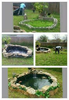 four different pictures of a man in the yard working on his garden pond and landscaping