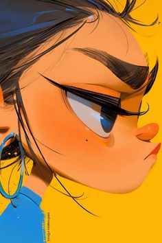 a close up of a cartoon character with big blue eyes and long black hair, looking to the side