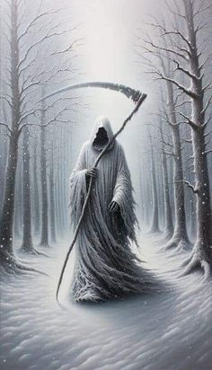 a painting of a person walking in the snow with a sceptacle on his head