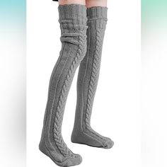 Cable Knit Thigh High Over The Knee Socks For Boots Or Leggings * Color: Grey * One-Size: Fits Most Woman Slim To Medium Build * Material: Acrylic * Thick, Soft And Comfortable * 64% Polyester, 36% Spandex Crochet Knee Socks, Socks For Boots, Thigh High Knit Socks, Ugg Socks, Stockings And Boots, White Fishnets, Hunter Boots Socks, Argyle Socks, Casual Short Sleeve Dress