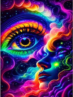 an image of a woman's face with rainbow colors and stars in the background