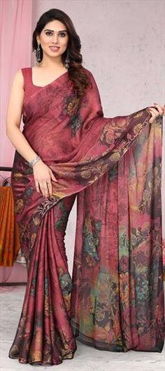 Red and Maroon color Saree in Chiffon fabric with Floral, Printed work Red Silk Dupatta With Digital Print, Festive Red Chiffon Dupatta, Red Bollywood Dupatta With Digital Print, Red Floral Print Saree For Wedding, Red Silk Saree With Floral Print, Festive Red Digital Print Dupatta, Red Chiffon Saree For Festivals, Red Printed Saree, Elegant Red Chiffon Saree