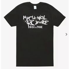 My Chemical Romance Tee From Hot Topic Nwt, Never Been Worn In Perfect Condition! Medium In Unisex Punk Black Tops With Logo Print, Black Edgy Pre-shrunk T-shirt, Edgy Black Shirt With Text Print, Black Edgy Shirt With Text Print, Edgy Black T-shirt With Logo Print, Black Band Merch Shirt With Text Print, Edgy Cotton T-shirt With Logo Print, Mcr Shirts, Mcr T Shirt