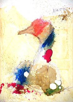 an abstract painting of a duck with red, white and blue colors on it's head