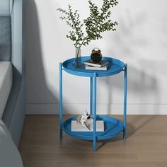 a blue side table with a plant on it