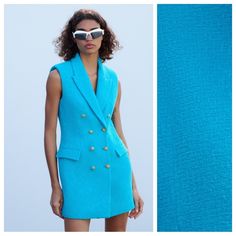 Nwt. Zara Turquoise Textured Waistcoat Dress With Lapel Collar, Sleeveless, Flap Pockets At Front, Contrast Print Lining, Double Breasted Front Closure With Embossed Metal Buttons. Size M. Ref. 2850/469. Pit To Pit 18" Flat, Shoulders 14,5", Waist 16", Length 32". Chic Light Blue Summer Outerwear, Blue Formal Summer Outerwear, Elegant Blue Sleeveless Outerwear, Elegant Sleeveless Blue Outerwear, Tailored Sleeveless Summer Outerwear, Chic Fitted Light Blue Outerwear, Chic Light Blue Fitted Outerwear, Light Blue Summer Workwear Outerwear, Tailored Chic Blue Dress