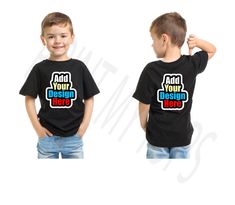 "Boy in Black T-shirt front and back Mockup -------------------- Simply layer your design on top of our blank images and you have an instant awesome product photo. All photos are designed for you to insert your own artwork or text on top of the image, you will need to use a photo editing software such as photoshop, illustrator, paint etc. -------------------- - File can be downloaded after purchase from your purchase page or from the email you will receive - You will receive 1 Digital JPG File in high resolution. - \"Your Design Here\" and all our watermarks are removed on the downloaded image - This is a digital file download only, no physical product is sent." Lauren Murphy, T Shirt Front And Back, Kaos Oblong, T Shirt Mockup, Kids Black, Tshirt Mockup, Photo Editing Software, Children In Need, Shirt Mockup