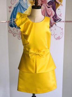 Fitted Yellow Dress For Dress-up, Yellow Fitted Dress For Dress-up, Formal Yellow Ruffled Dress, Gold Party Dress With Bow, Fitted Yellow Dress With Bow, Yellow Satin Party Dress, Yellow Spring Dress With Bow, Yellow Pageant Dresses, Pageant Outfits