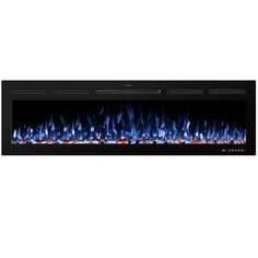 an electric fireplace with blue flames on it