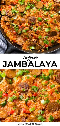 two pictures showing different types of food in the same pan, one with sausage and rice