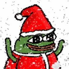 a green frog wearing a santa hat and glasses with his hands in the air while standing up