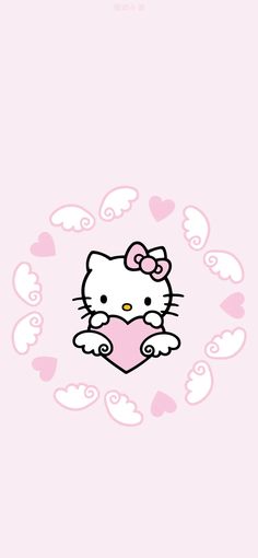 the hello kitty wallpaper is pink and has hearts on it, as well as white clouds