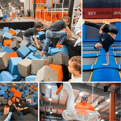 some people are playing in an indoor trampoline course and one is doing tricks