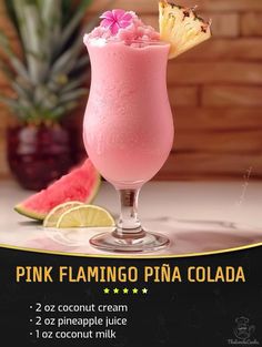 pink flamingo pina cola with pineapple and watermelon on the side