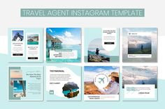 travel agent instagram template with photos and text on the front, in blue tones