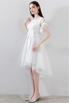 Gorgeous White Tulle Homecoming Dress High Low with Big Bow - $71.1 #MXL86059 - SheProm.com White Lace Dress With Short Sleeves, White Mini Dress With Short Sleeves For Wedding, White Knee-length Mini Dress For Wedding, White Lace Short Sleeve Dress, White Lace Mini Dress With Short Sleeves, White Knee-length Lace Dress, White Lace Short Sleeve Wedding Dress, White Short Sleeve Lace Wedding Dress, Homecoming Dresses High Low