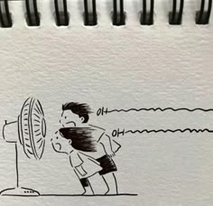 a drawing of a man looking at a fan with the words oh, oh on it