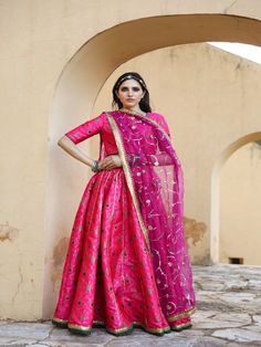 Aisha Pink Embroidered Brocade Lehenga Set (Set of 3) By Gulabo Jaipur now available at Trendroots Festive Anarkali Sets In Brocade, Festive Anarkali Brocade Sets, Semi-stitched Anarkali Sets In Brocade, Semi-stitched Anarkali Brocade Set, Designer Brocade Embroidered Fabric With Dupatta, Brocade Embroidered Fabric For Designer Wear Diwali, Eid Brocade Saree Choli, Organza Chandbali Salwar Kameez, Silk Lehenga With Intricate Embroidery