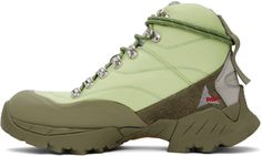 Ankle-high nylon canvas and calfskin suede boots in green. Rubberized trim throughout. · Abrasion-resistant · Logo printed at rubber cap toe · Lace-up closure · Padded tongue and collar · Logo embroidered at inner side · Pull-tab at heel · Mesh lining · Treaded Vibram® Megagrip rubber sole Supplier color: Sage green Strap Boots, Shoes Ideas, Boot Straps, Perfect Shoes, Personal Shopping, Pull Tab, Suede Boots, Boot Shoes Women, Logo Embroidered