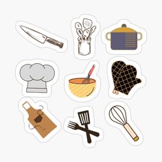 various kitchen stickers on a white background, including utensils and cooking related items