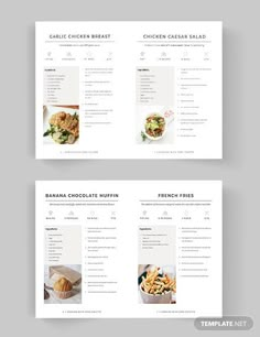 two menus with different food items on them, one in white and the other in black