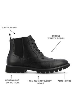 Elevate your work-to-weekend look in this refined faux-leather boot updated by a brogue-detailed wingtip and a heavily lugged sole. 5" shaft Synthetic upper/textile lining/rubber sole Imported Black Work Boots With Goodyear Welt Construction, Black Wingtip Lace-up Boots For Fall, High-top Combat Boots With Leather Sole For Workwear, High-top Leather Sole Combat Boots For Work, High-top Combat Boots With Rubber Sole For Work, Fall Wingtip Lace-up Workwear Boots, Fall Wingtip Lace-up Boots For Work, Fall Brogue Lace-up Boots For Work, Casual Wingtip Lace-up Boots For Work