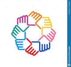 four hands are holding each other in a circle with the colors of rainbows and blue