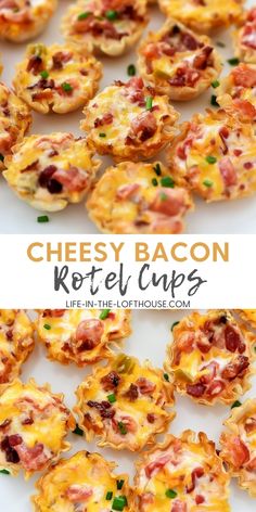 cheesy bacon and cheese mini cups on a white plate with text overlay