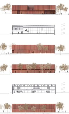 three diagrams showing the different sections of a building with trees and people walking around it